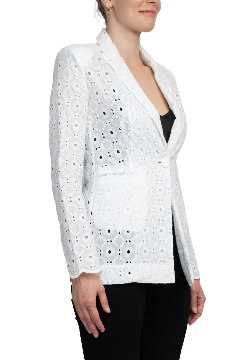 Industry Lapel Collar Long Sleeve One Button Closure Eyelet Lace Blazer