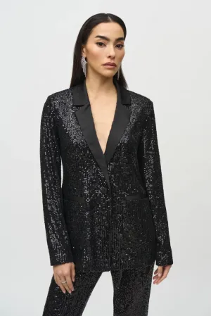 Joseph Ribkoff Black Sequined Satin Trim Blazer Jacket 244916