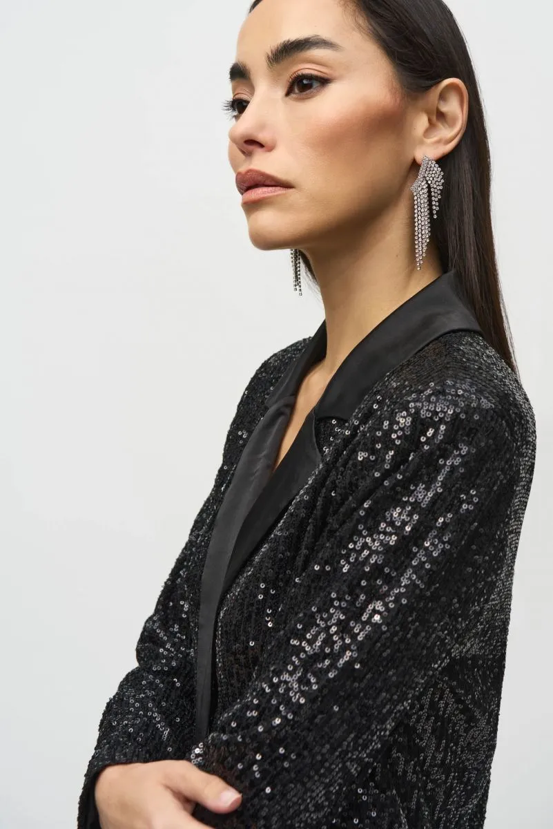 Joseph Ribkoff Black Sequined Satin Trim Blazer Jacket 244916