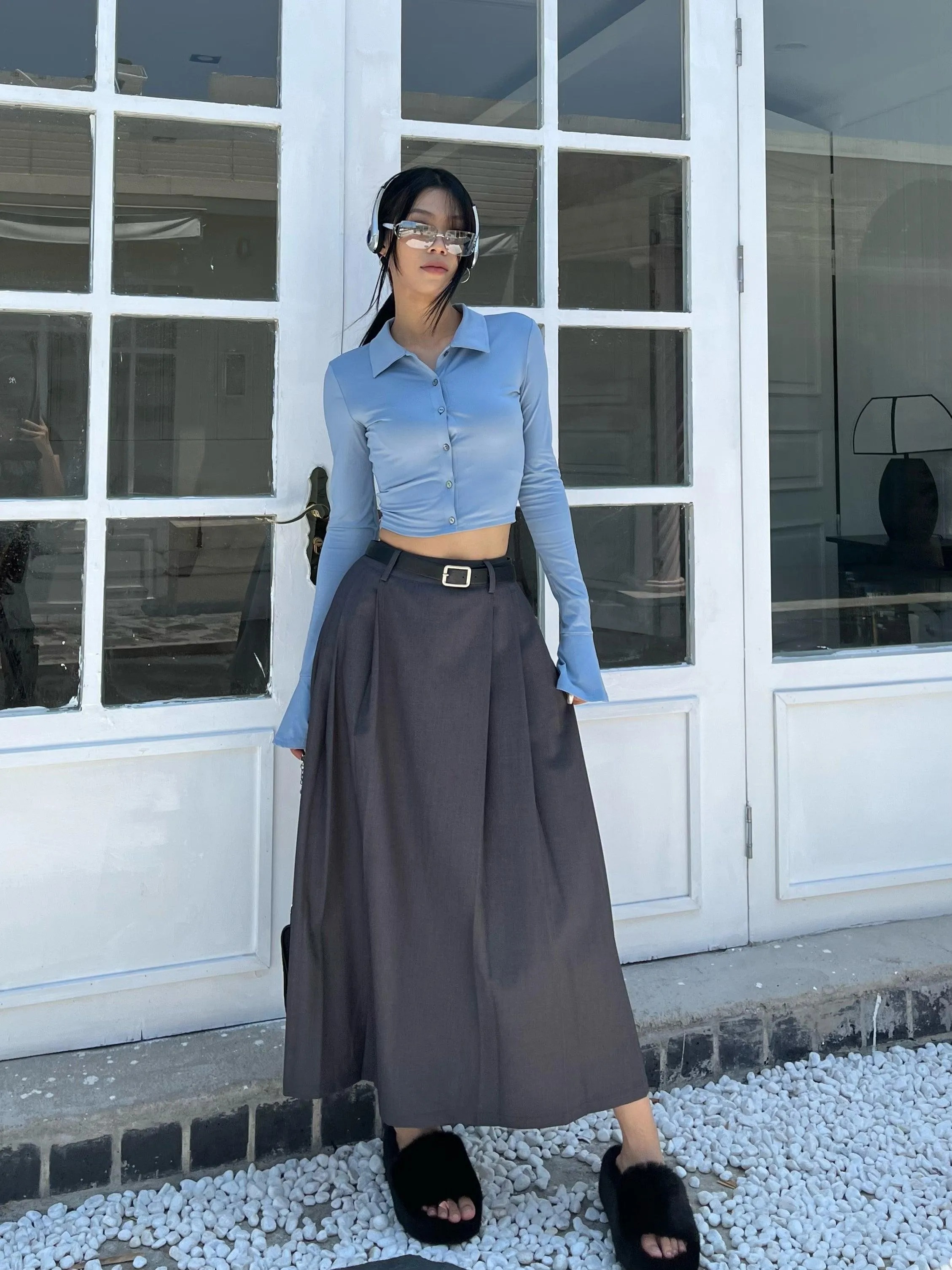 JOSKAA 2024 New Skirt Fashion Trendy Gray Pleated Long Skirt