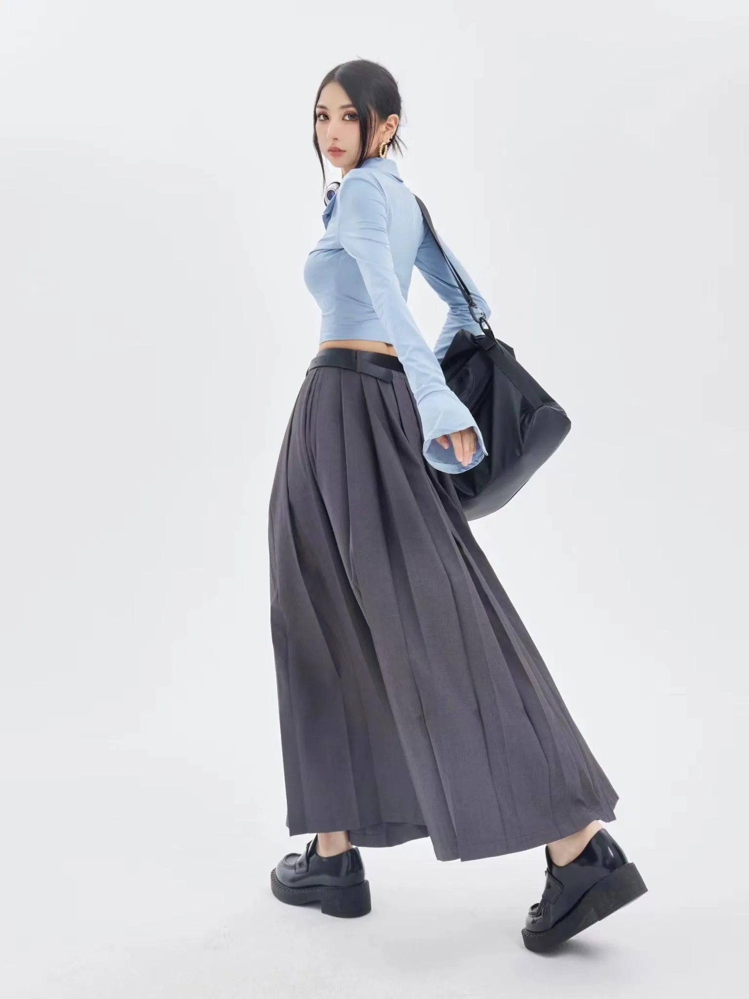 JOSKAA 2024 New Skirt Fashion Trendy Gray Pleated Long Skirt