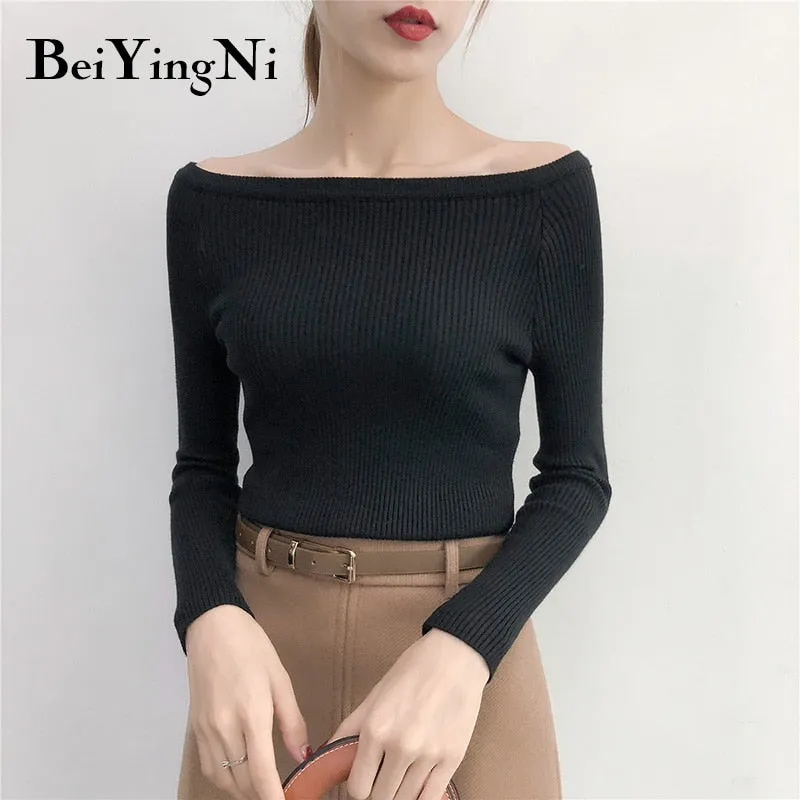 Joskaa Christmas Gift Beiyingni Sexy Sweaters Womens Solid Slash Neck Tops Female Korean Streetwear Basic Sweater Ladies Pullover Autumn Winter Jumper