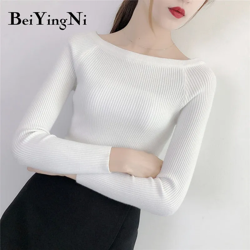 Joskaa Christmas Gift Beiyingni Sexy Sweaters Womens Solid Slash Neck Tops Female Korean Streetwear Basic Sweater Ladies Pullover Autumn Winter Jumper