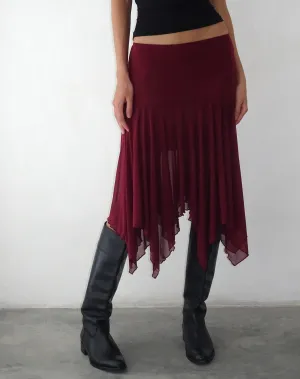 Jovali Low Waist Midi Skirt in Mesh Maroon