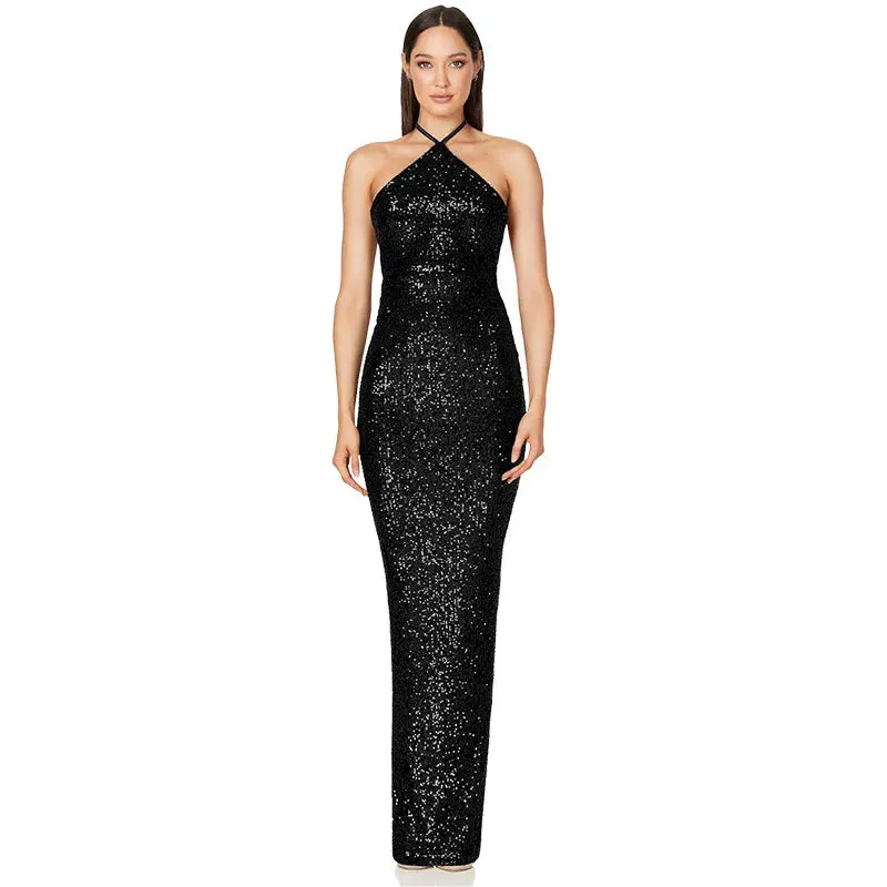 Lower Split Sequin Neck Hanging Lace Long Formal Dress