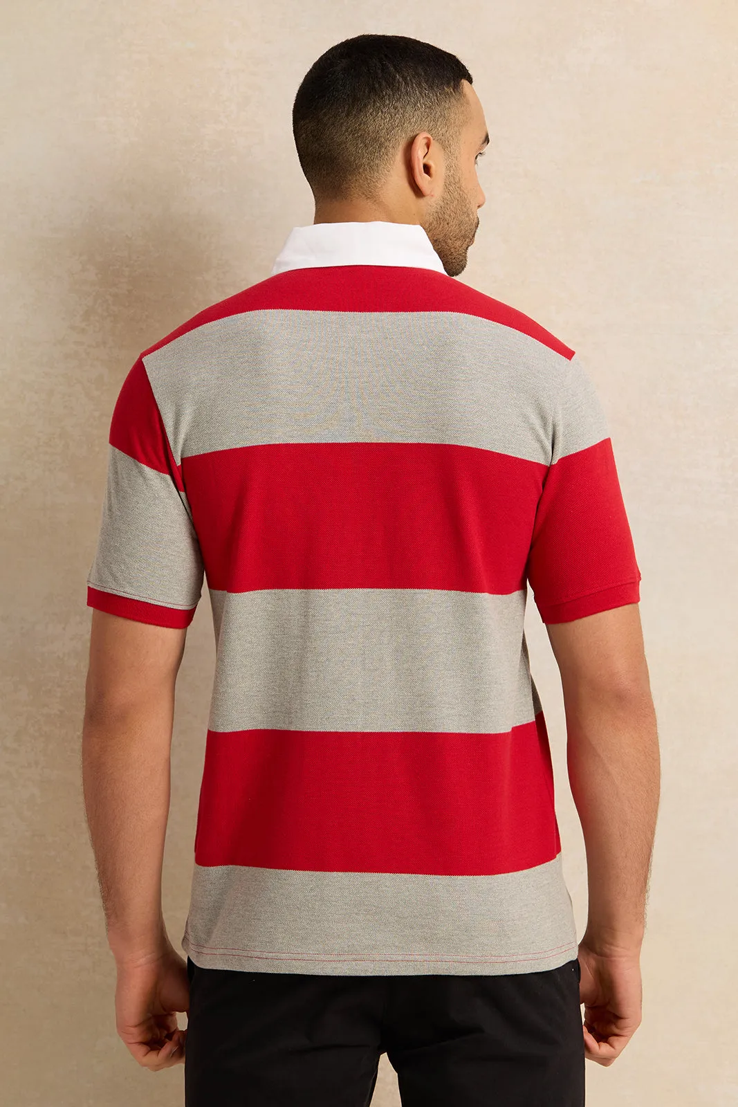 Men Red And Grey Pique Polo Shirt