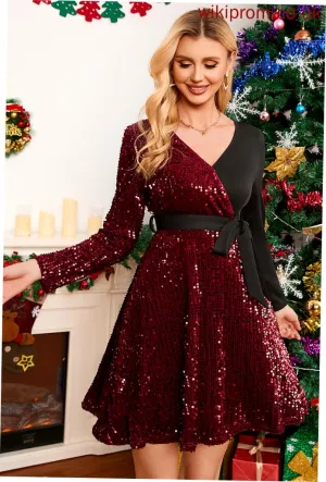 Mini A-line V-Neck Dresses Club Dresses Sequins Sequined Sleeves Elegant Athena Long