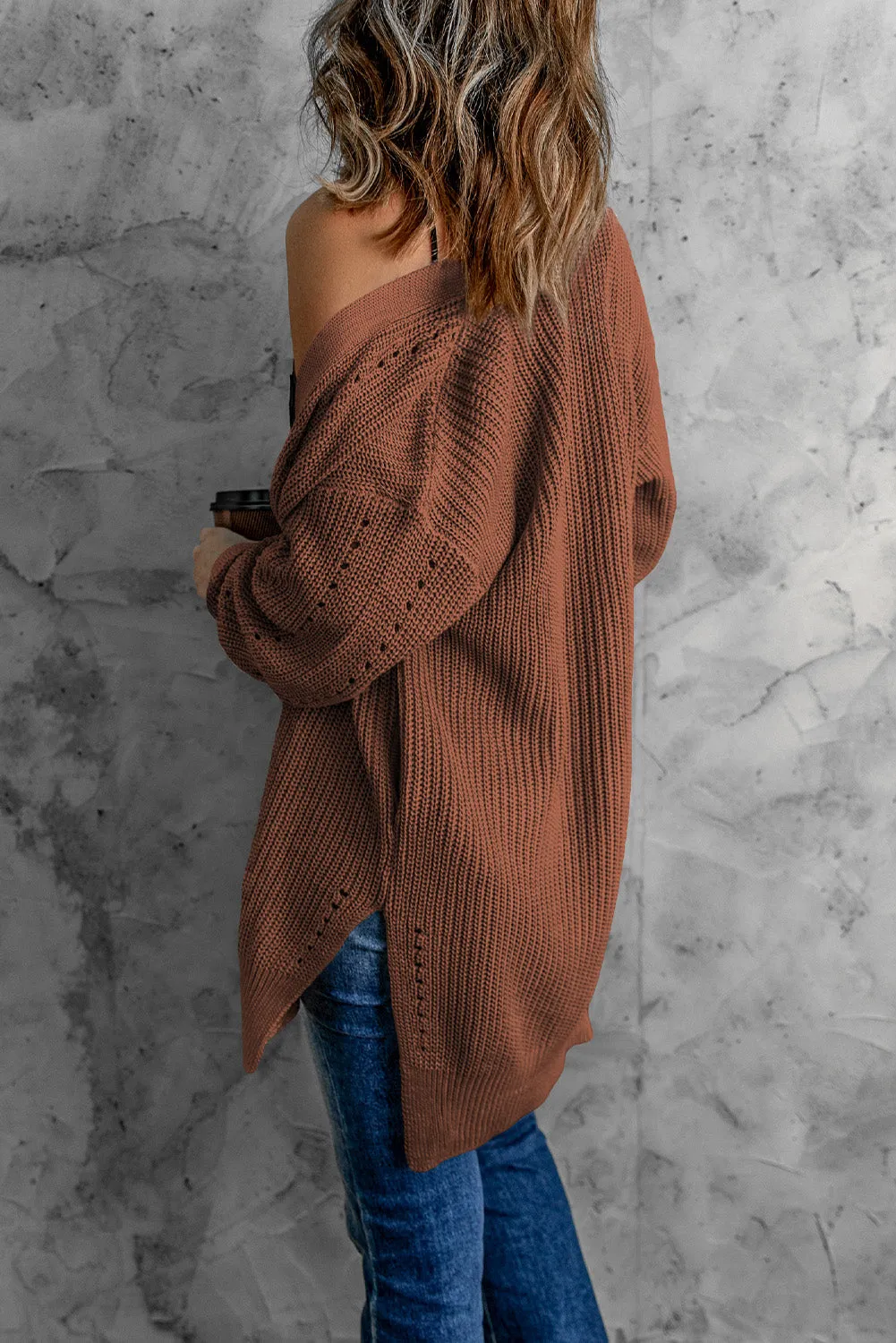 Openwork Rib-Knit Slit Cardigan with Pockets