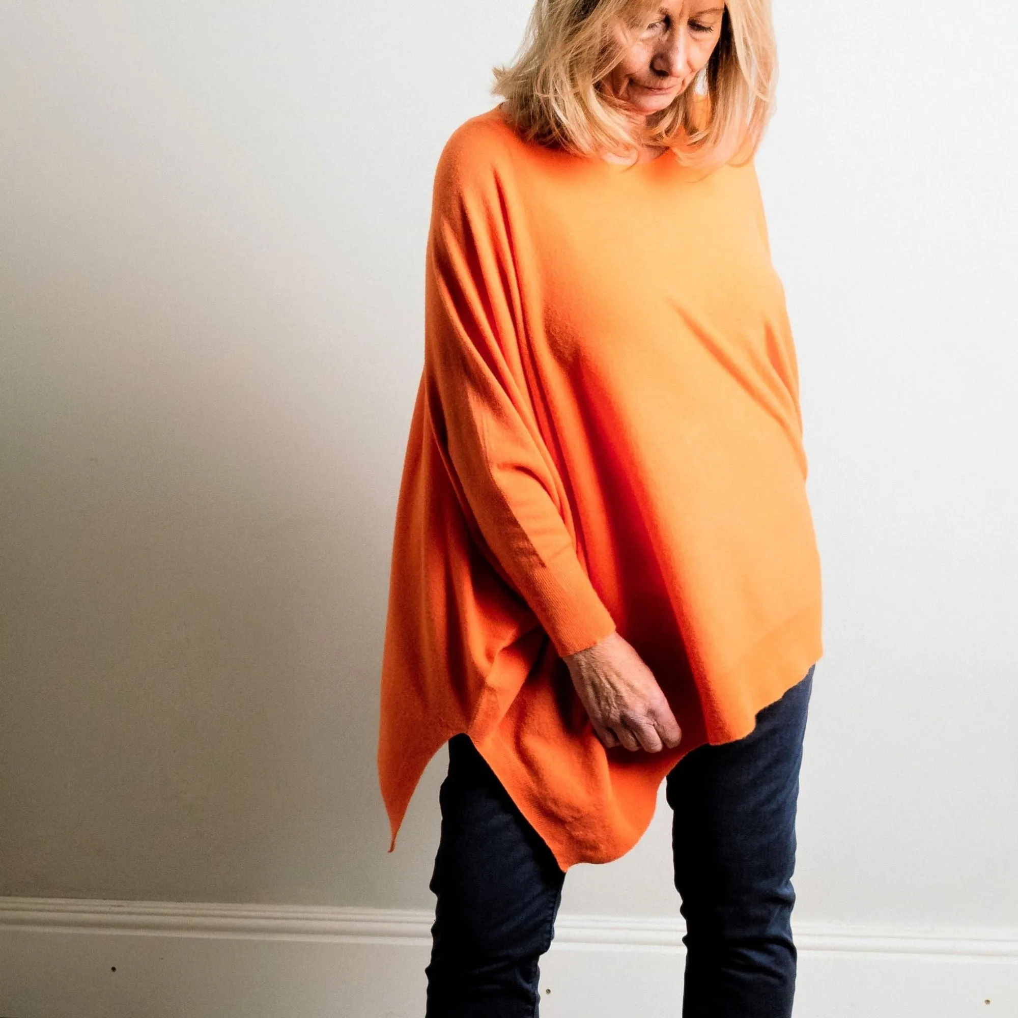 Orange Asymmetric Box Fit Supersoft Fine Knit Jumper With Batwing Sleeve