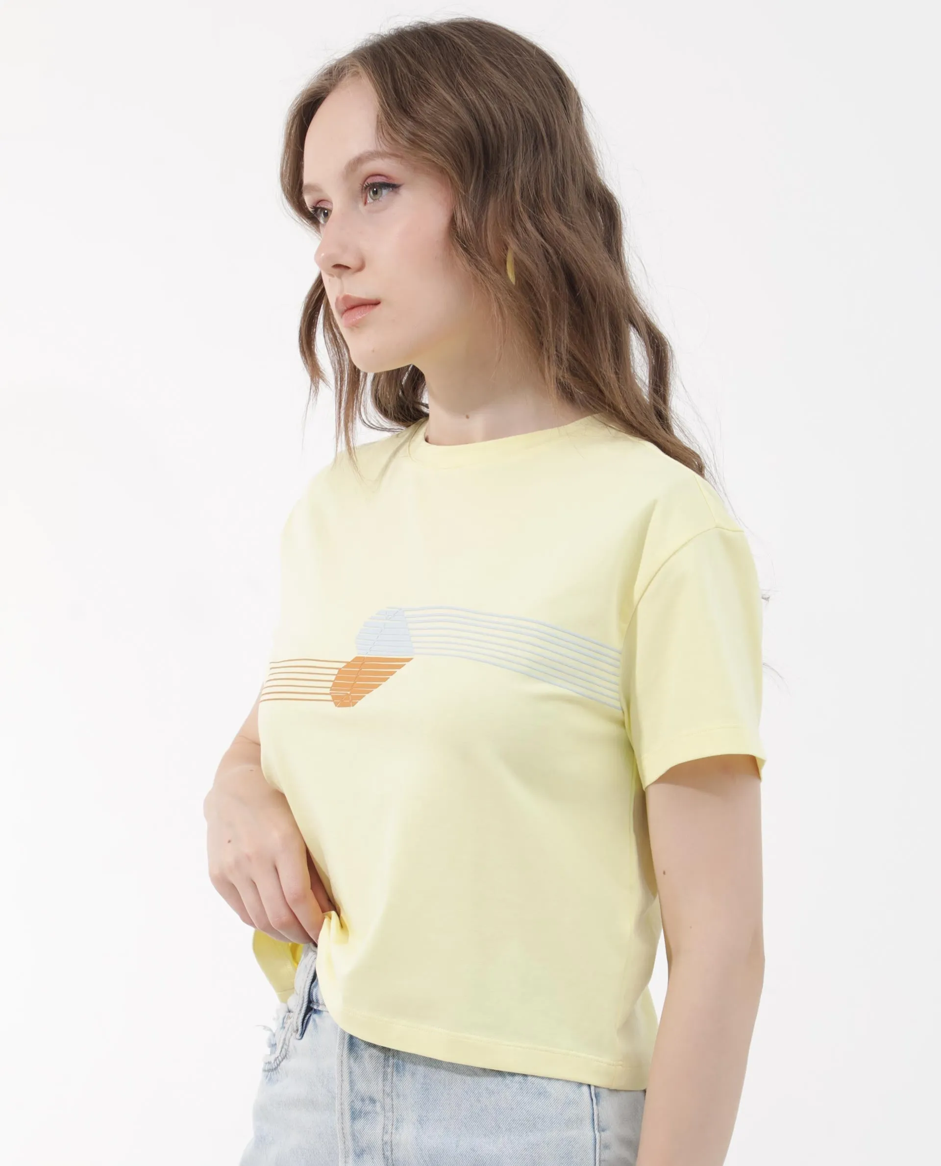 Rareism Women Kuncro Yellow Cotton Elastane Fabric Crew Neck Knit Solid T-Shirt