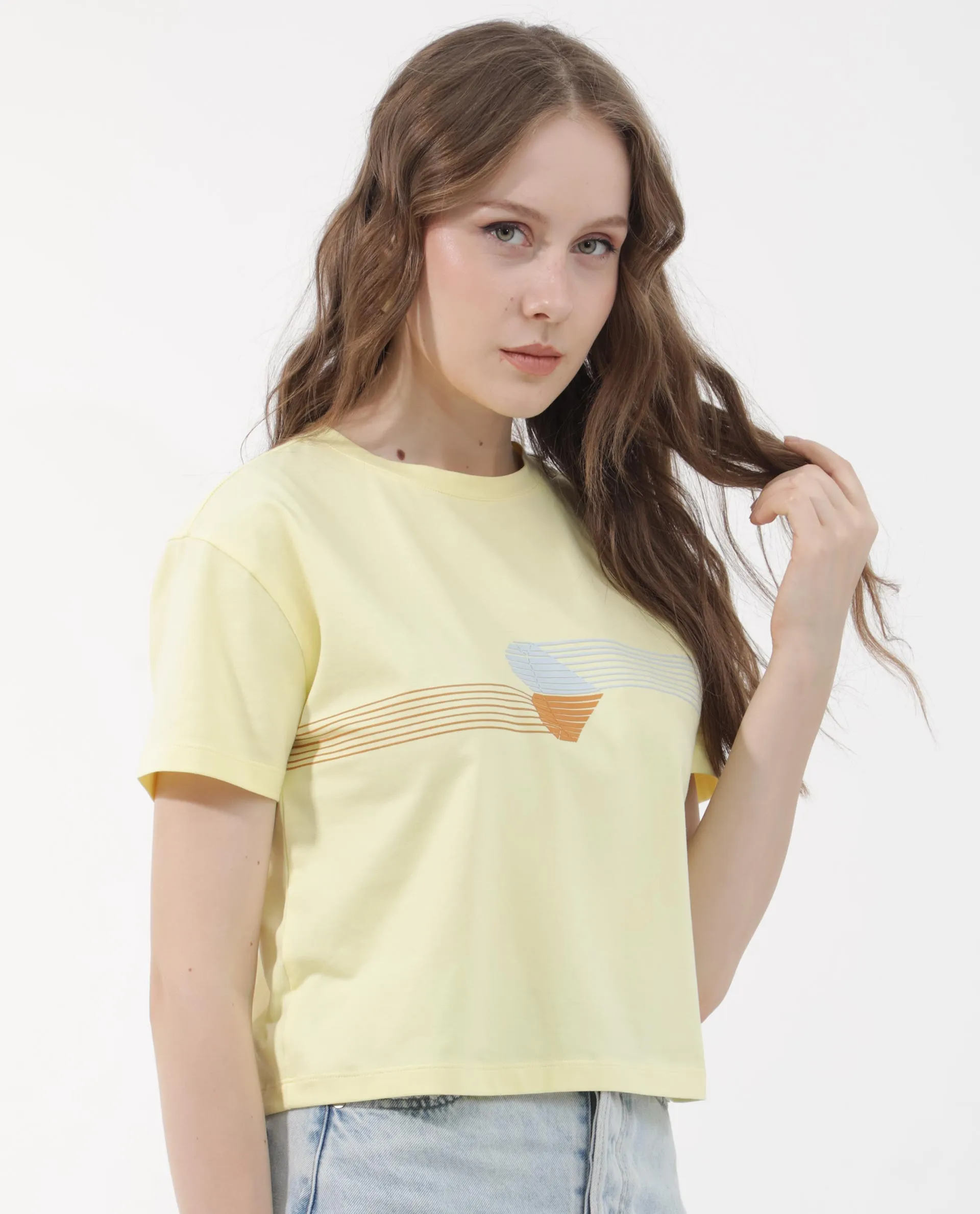 Rareism Women Kuncro Yellow Cotton Elastane Fabric Crew Neck Knit Solid T-Shirt