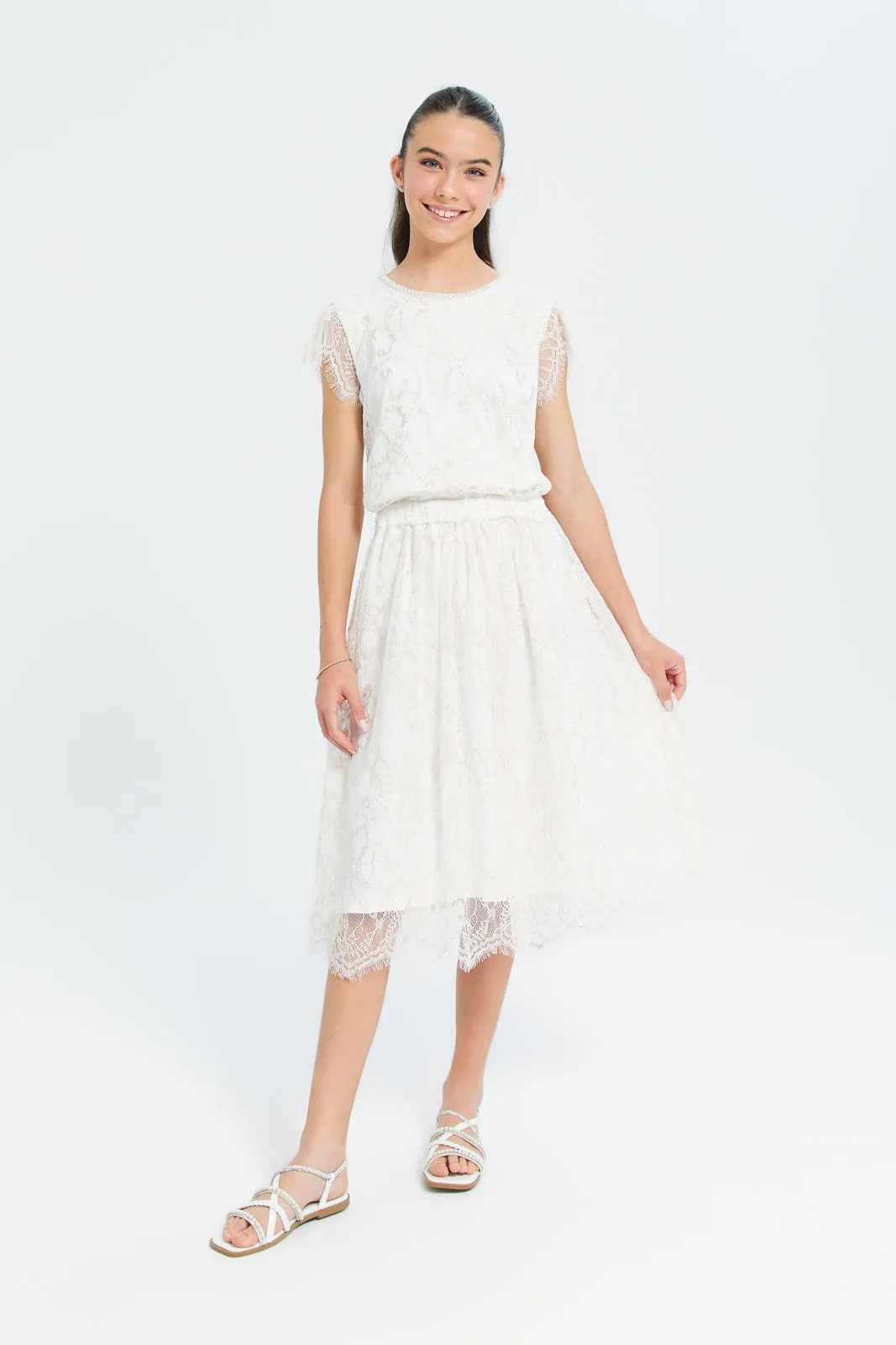 Senior Girls White Lace Tulle Skirt