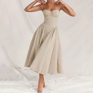 Slim backless pleated mid-length dress