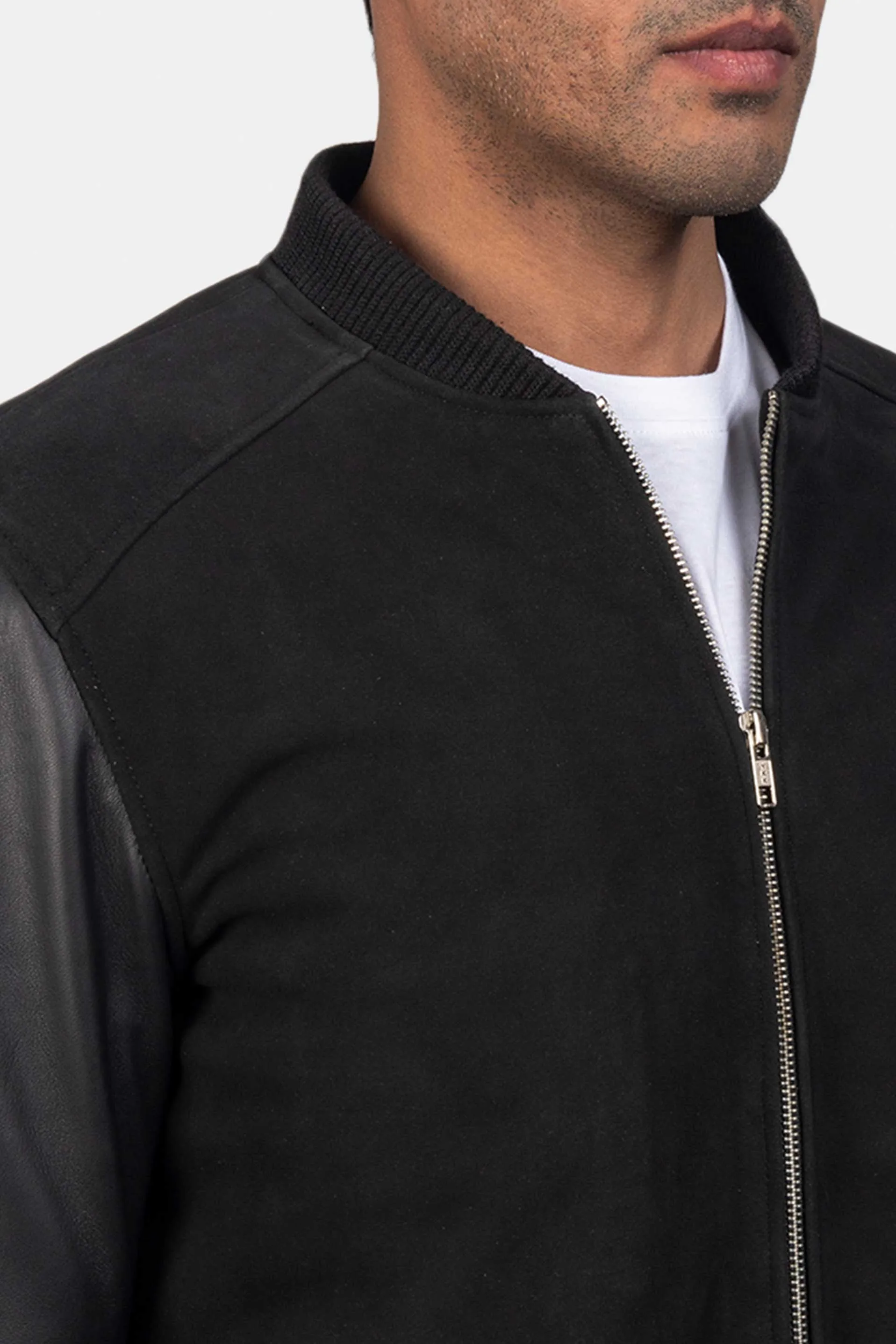 The Apex | Men's Black Plain Suede Hybrid Bomber Jacket