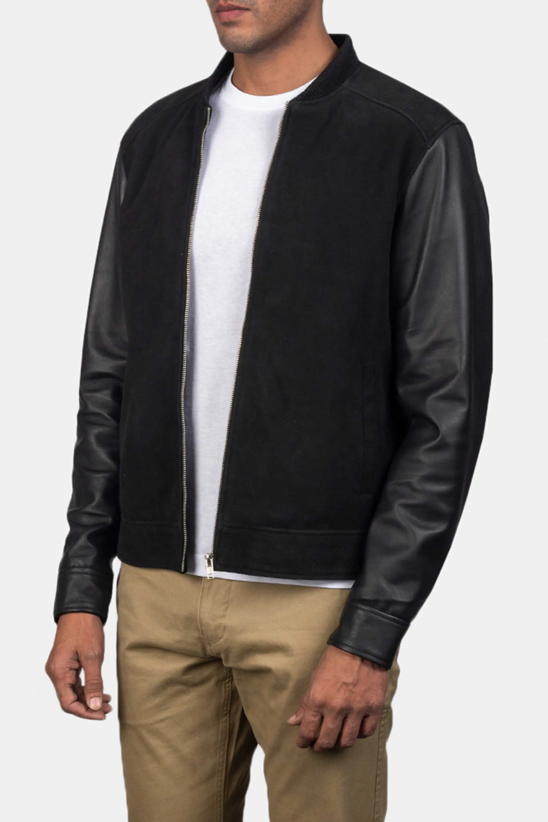 The Apex | Men's Black Plain Suede Hybrid Bomber Jacket