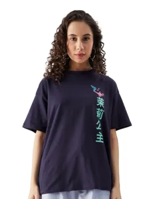 The Souled Store Official Disney: Princess Jasmine Women and Girls Oversize Fit Half Sleeve Graphic Printed Cotton Blue Color T- Shirt (229860_Blue)