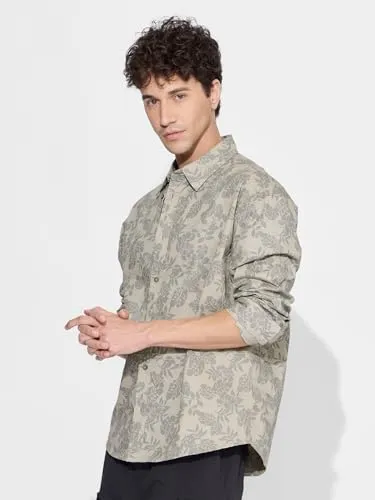 The Souled Store So Natural Men and Boys Long Sleeves Collared Neck Button Front Grey All Over Printed Cotton Relaxed Shirts