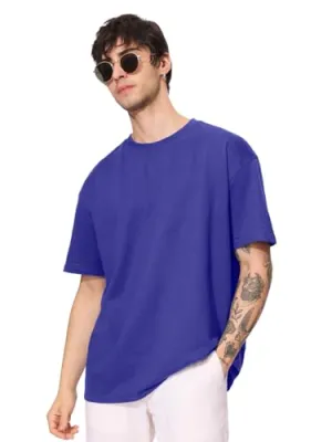 The Souled Store Solids: Electric Blue Men and Boys Short Sleeves Round Neck Cotton Oversized T-Shirts