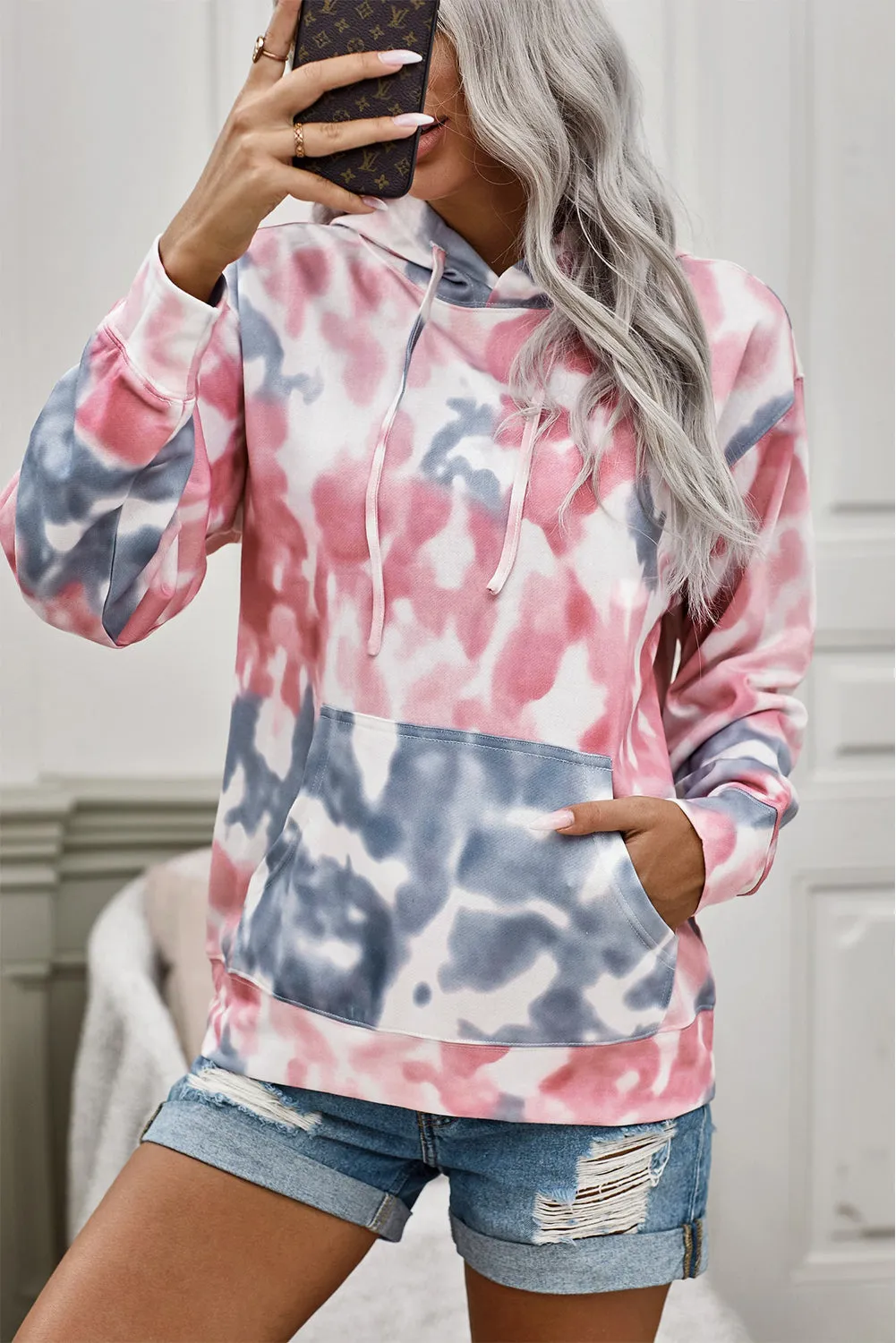 Tie-Dye Dropped Shoulder Drawstring Hoodie