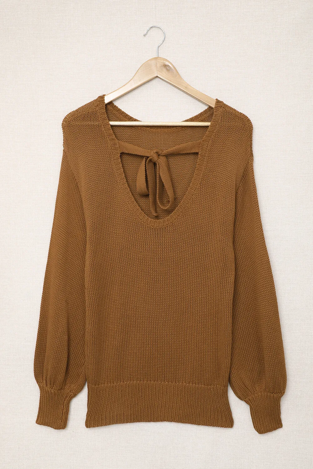 Tied Balloon Sleeve Round Neck Sweater