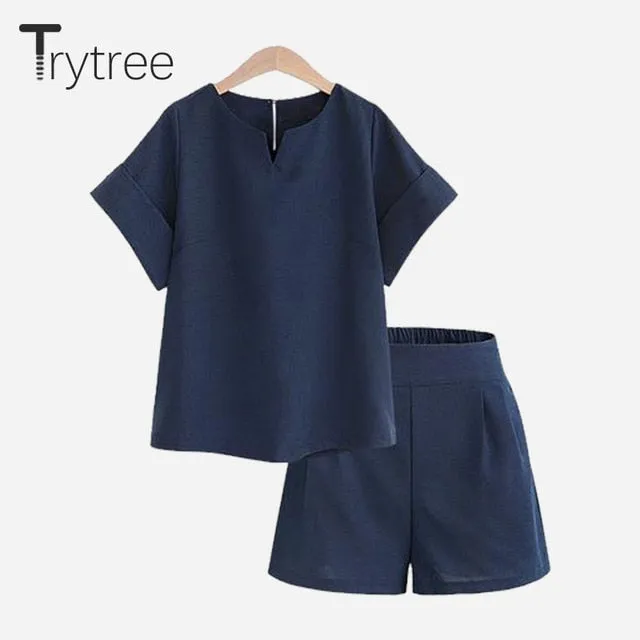 Trytree Spring summer Women two plus size Suit Set Short Sleeve Sets