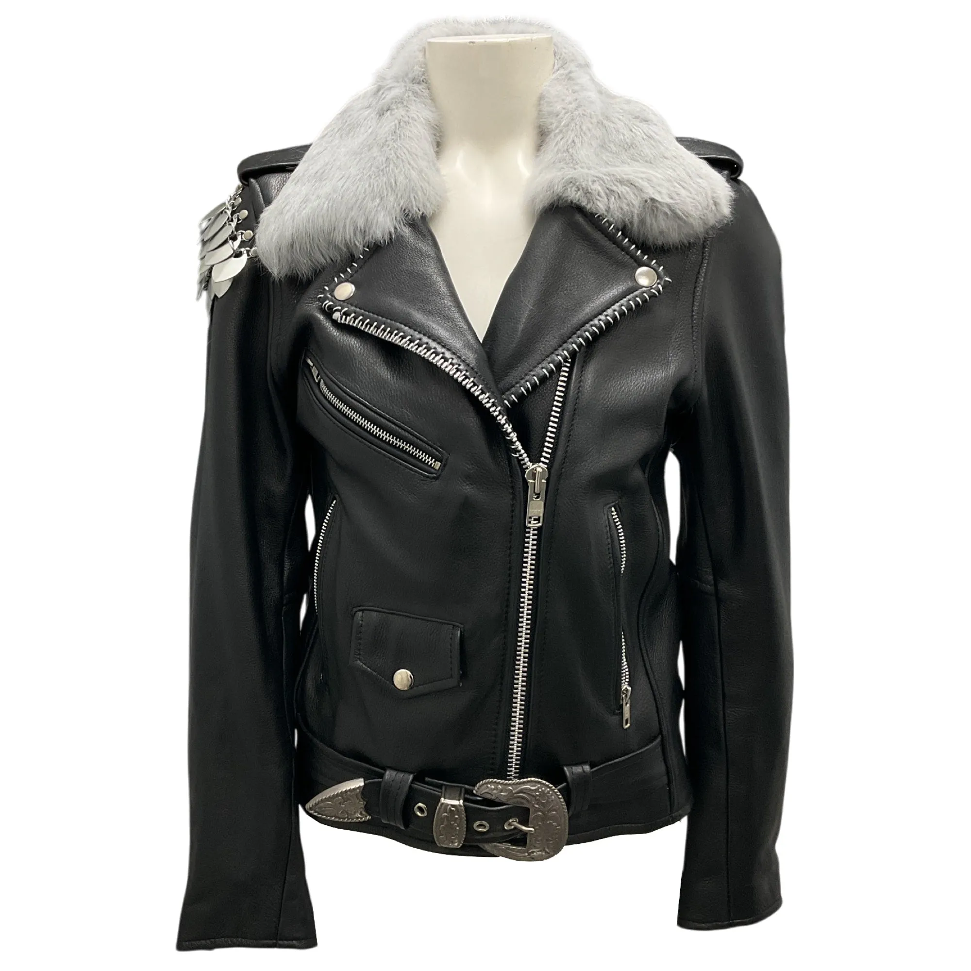 Understated Leather Black / Grey Fur Collar Moto Zip Leather Jacket