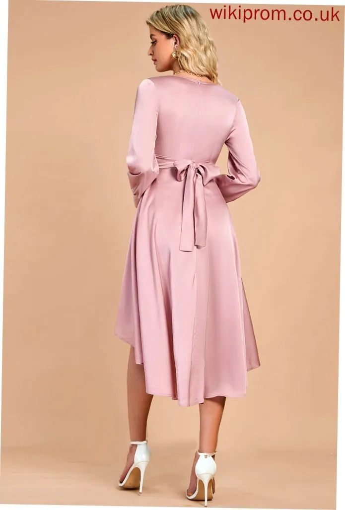 V-Neck A-line Club Dresses Satin Long Sleeves Justice Elegant Midi Dresses