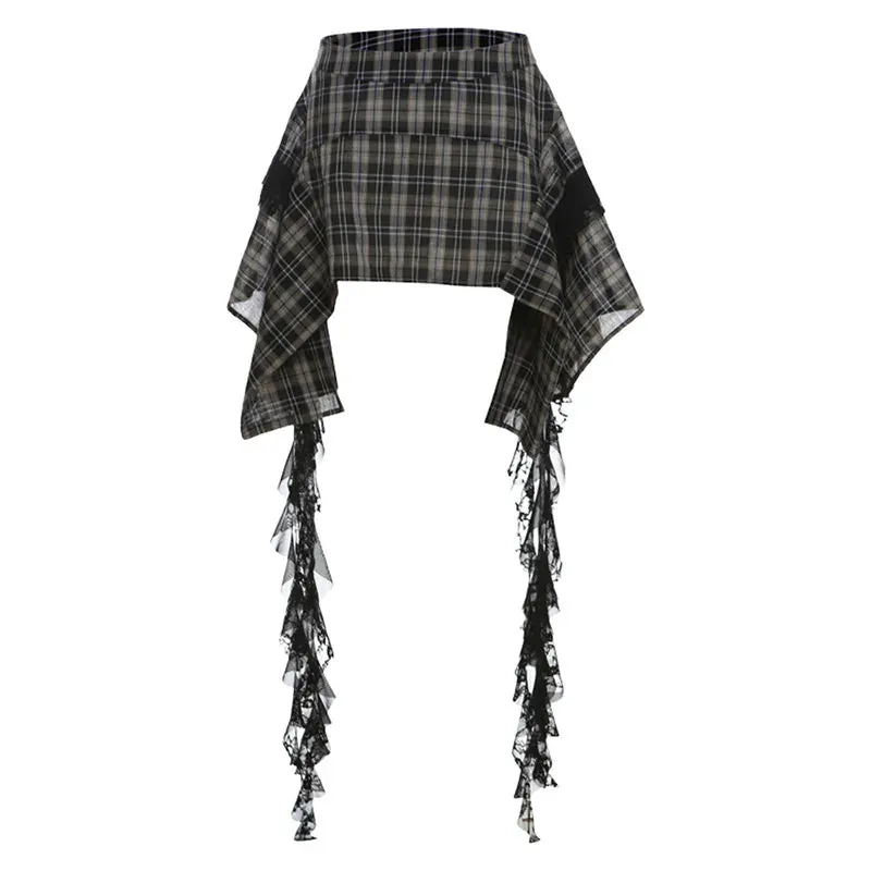 Vintage Waist Women's A-line 2024 Design Trendy Ribbon Irregular Fashion Plaid Mini Summer High Skirt