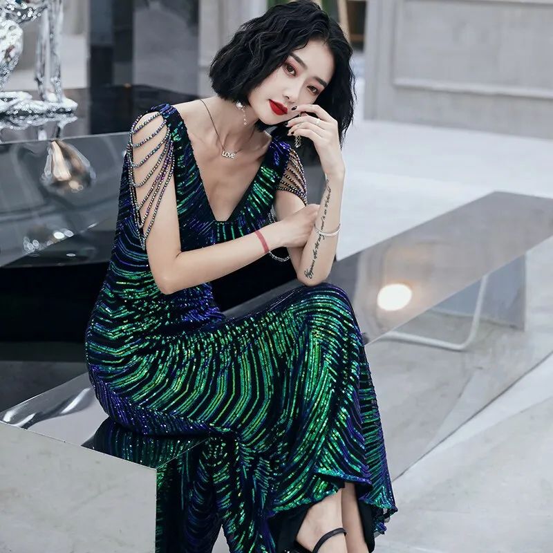 wei yin AE0298 Robe De Soiree New Style Sexy V-neck Sleeveless Mermaid Green Long Evening Dresses Elegant Abendkleider