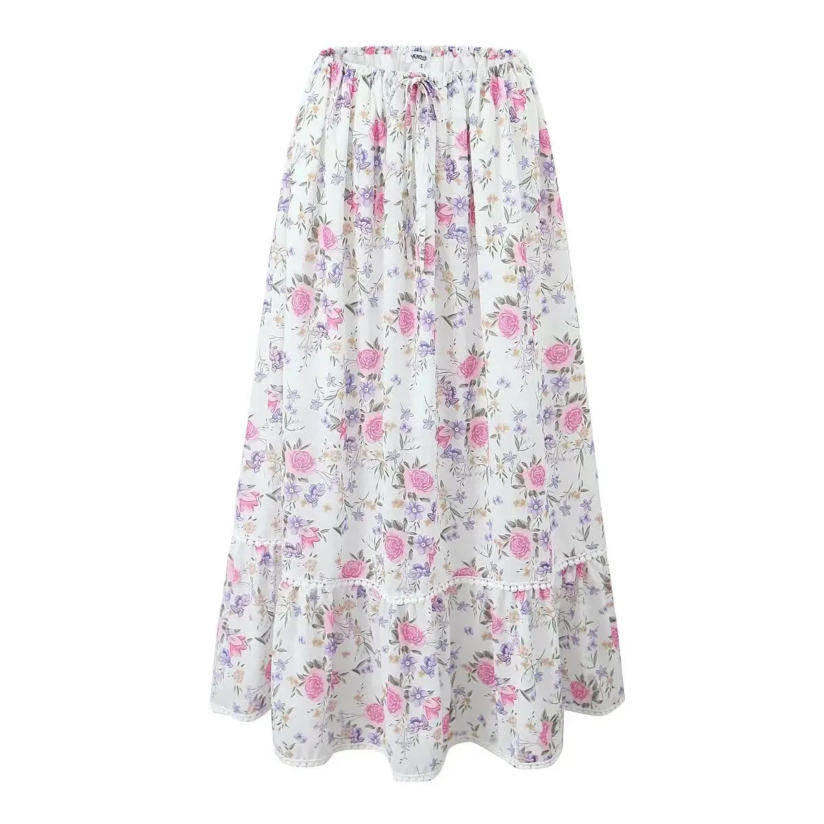 White Floral Print Elastic Waist Trendy Spliced Lace Ruched Long Skirts