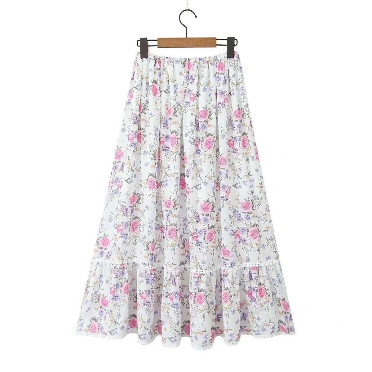 White Floral Print Elastic Waist Trendy Spliced Lace Ruched Long Skirts