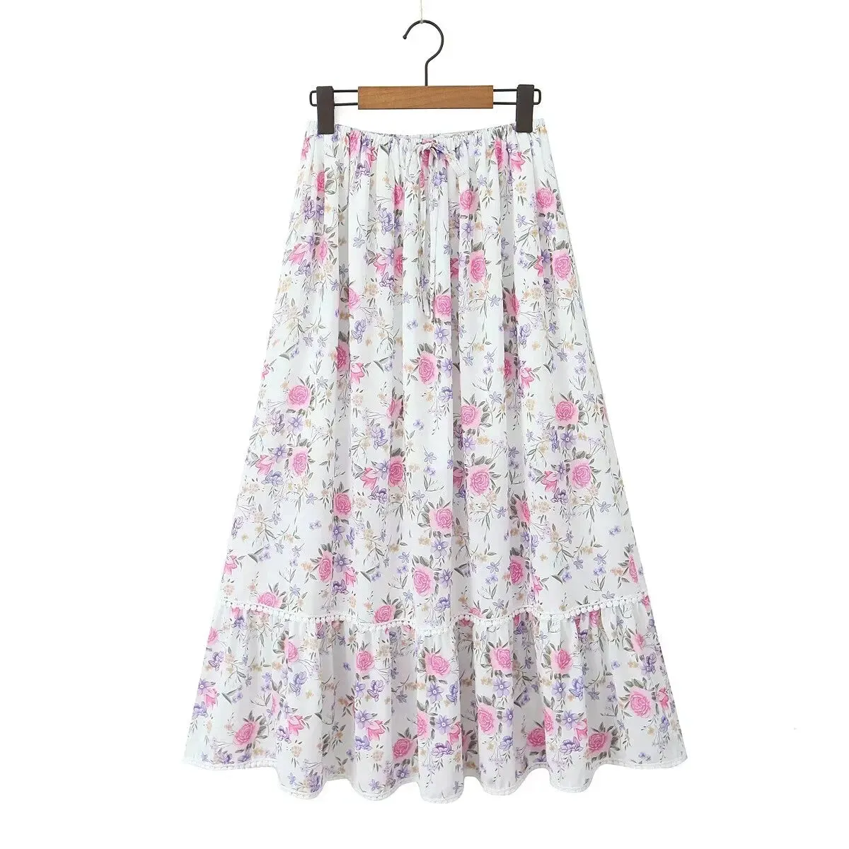 White Floral Print Elastic Waist Trendy Spliced Lace Ruched Long Skirts