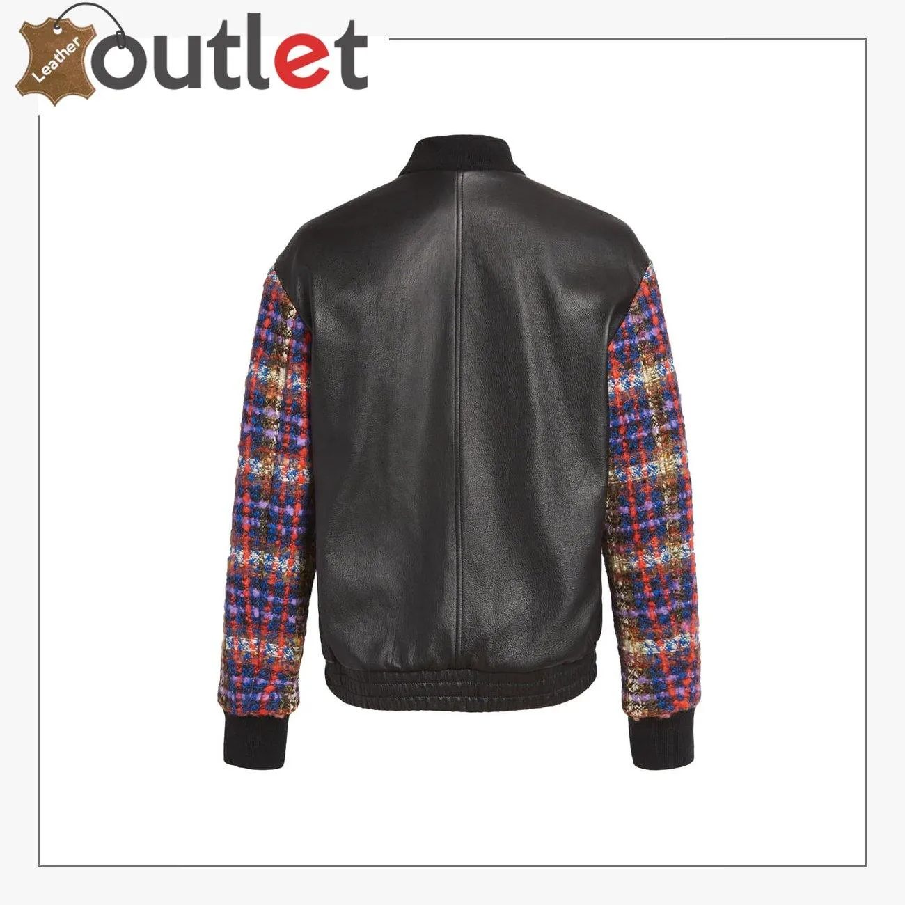 Wool Blend Tweed & Leather Bomber Jacket