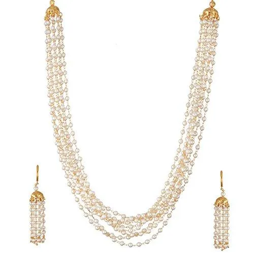 Zeneme Hand Made Golden White Pearl Multi Strand Necklace Jewellery For Women / Girls